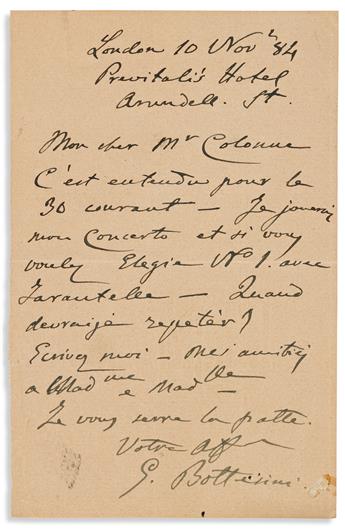 (MUSICIANS--COMPOSERS.) Group of three Autograph Letters Signed, to Édouard Colonne, in French: Léo Delibes * Reynaldo Hahn * Giovan...